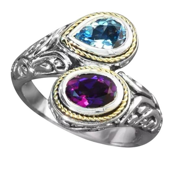 Effy Balissima Sterling Silver 18k Blue Topaz Amethyst Gemstones Bypass Ring 7.5 - Picture 9 of 15